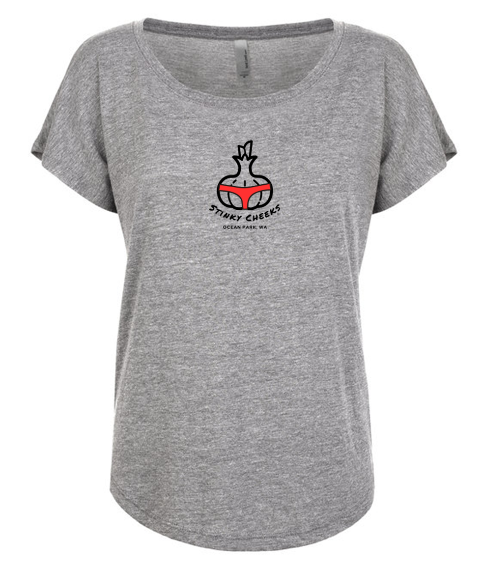 Stinky Cheeks Ladies Dolman Shirt in Heather Grey